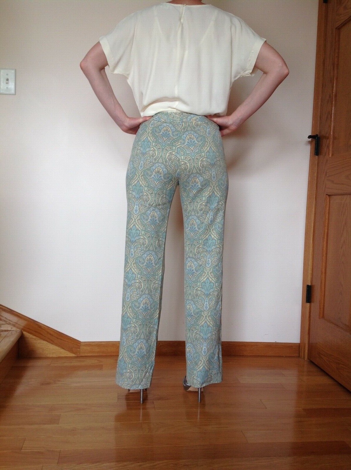 Sz2 HAROLD&rsquo;S silk blend pants Mint Green Paisley ESSAY Vintage Blouse off white