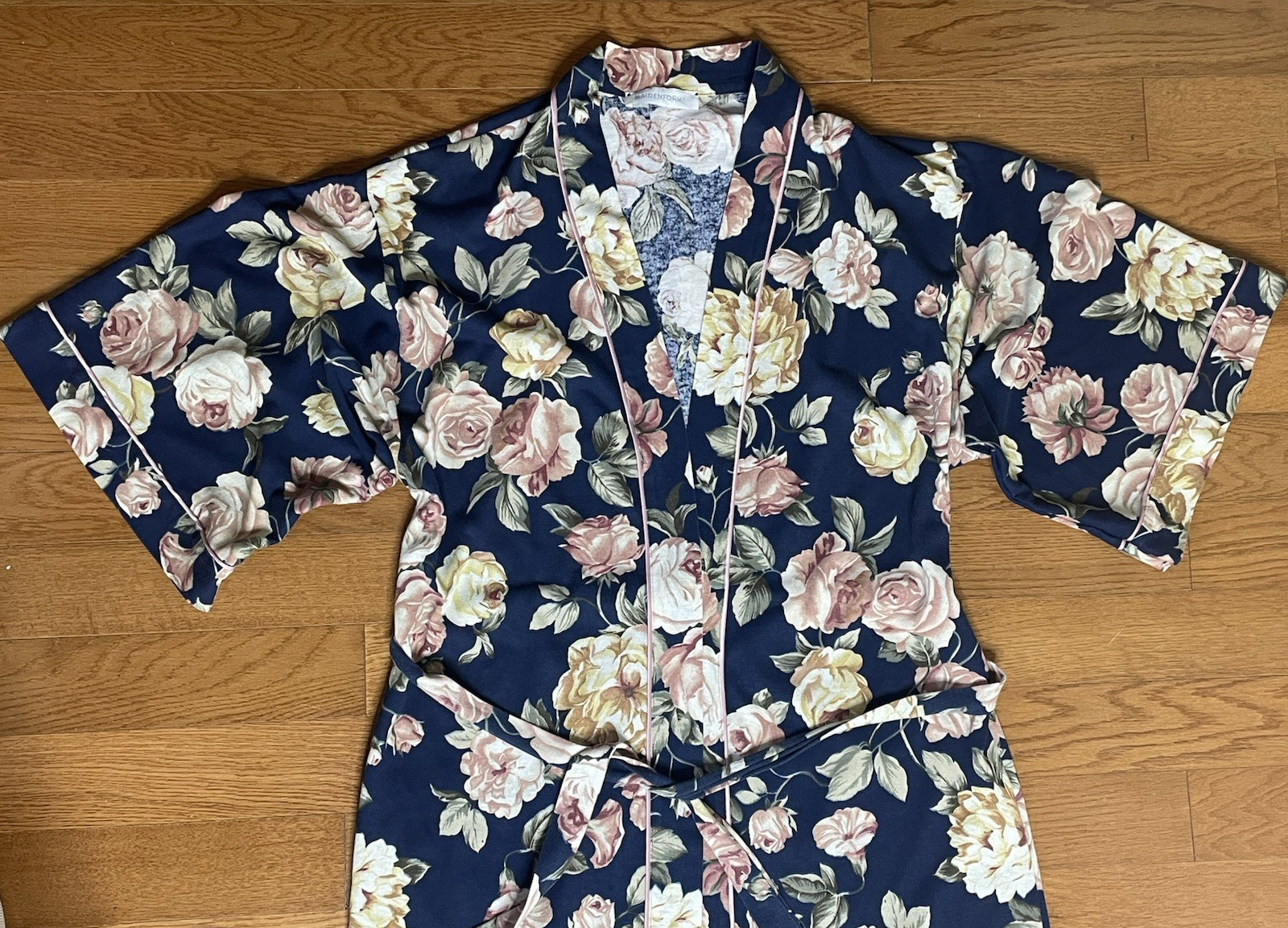 Vintage Maidenform Small Kimono Prairie Boho Cabbage Roses Navy Midi Robe USA