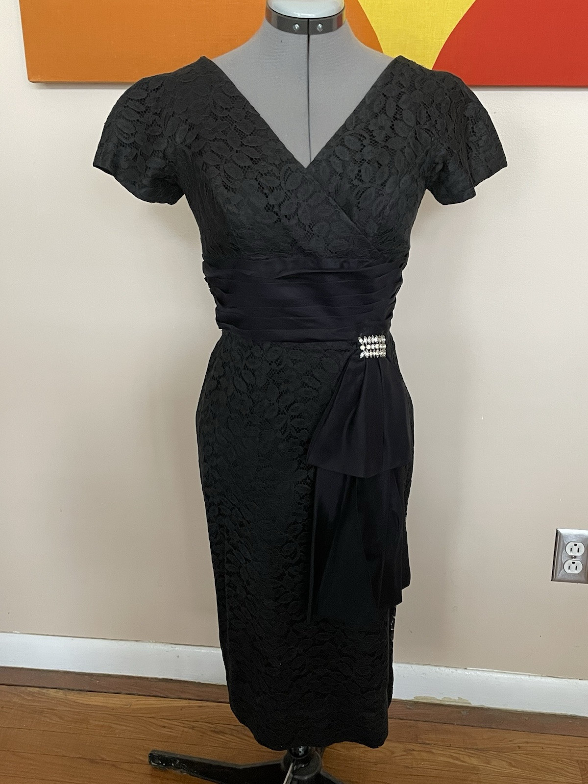 Vintage 50s Black Silk & Lace Wiggle Sheath Cocktail Dress with Rhinestone Sash