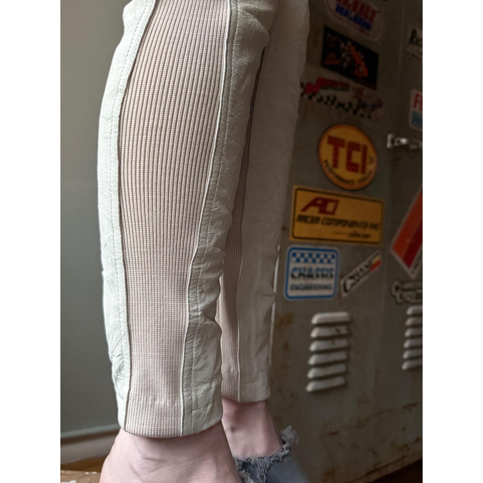 Vintage 90s Leather 2 Piece Set | Corset Crop Top + High Waist Pants | Cream | M