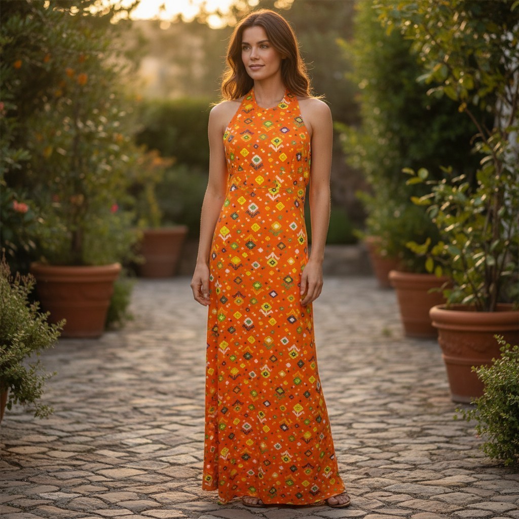 Vintage 70s Sears JR Bazaar Halter Maxi Dress Multicolor Hawaiian Mod Women&rsquo;s SM