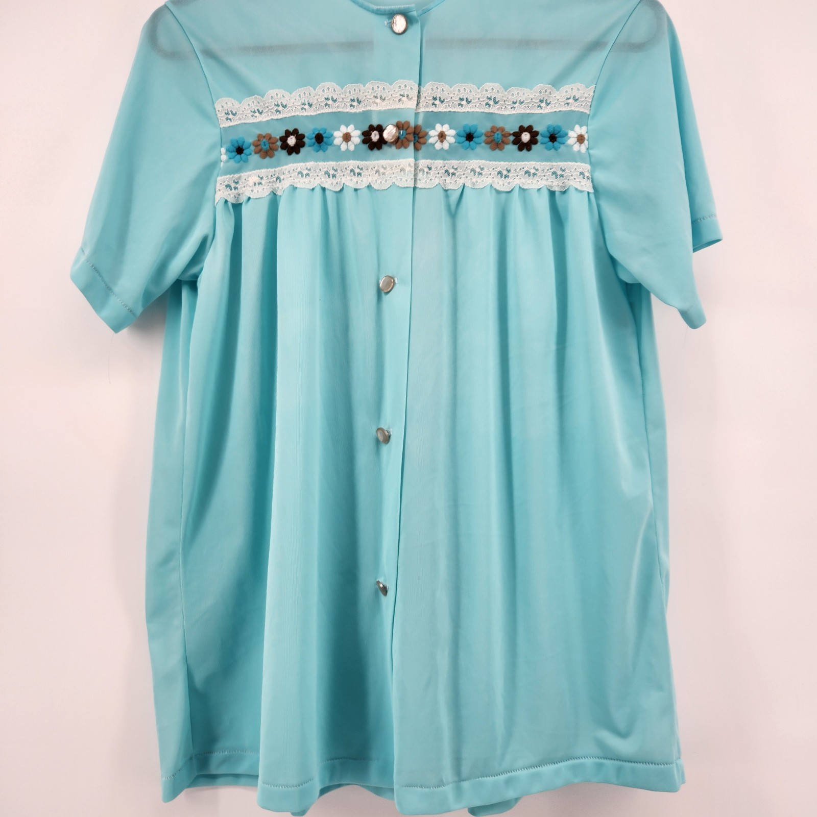Vintage Sears Aqua Blue Embroidered Floral Lace Bed Jacket Short Sleeve Size 34