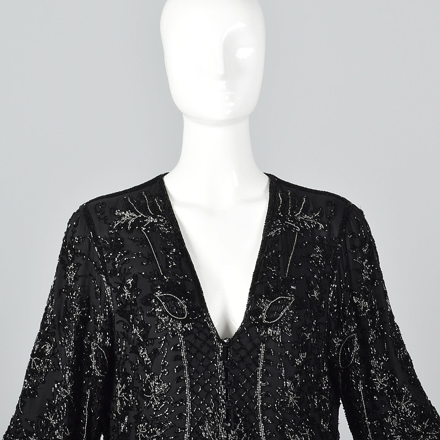 Medium Eavis & Brown Black Silk Beaded Jacket Silk Flowy Separates 1980s VTG