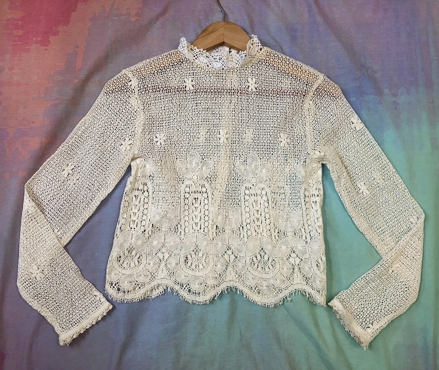 Vintage Handmade 60s 70s Crochet Lace Victorian Edwardian Revival Top Boho Sz XS