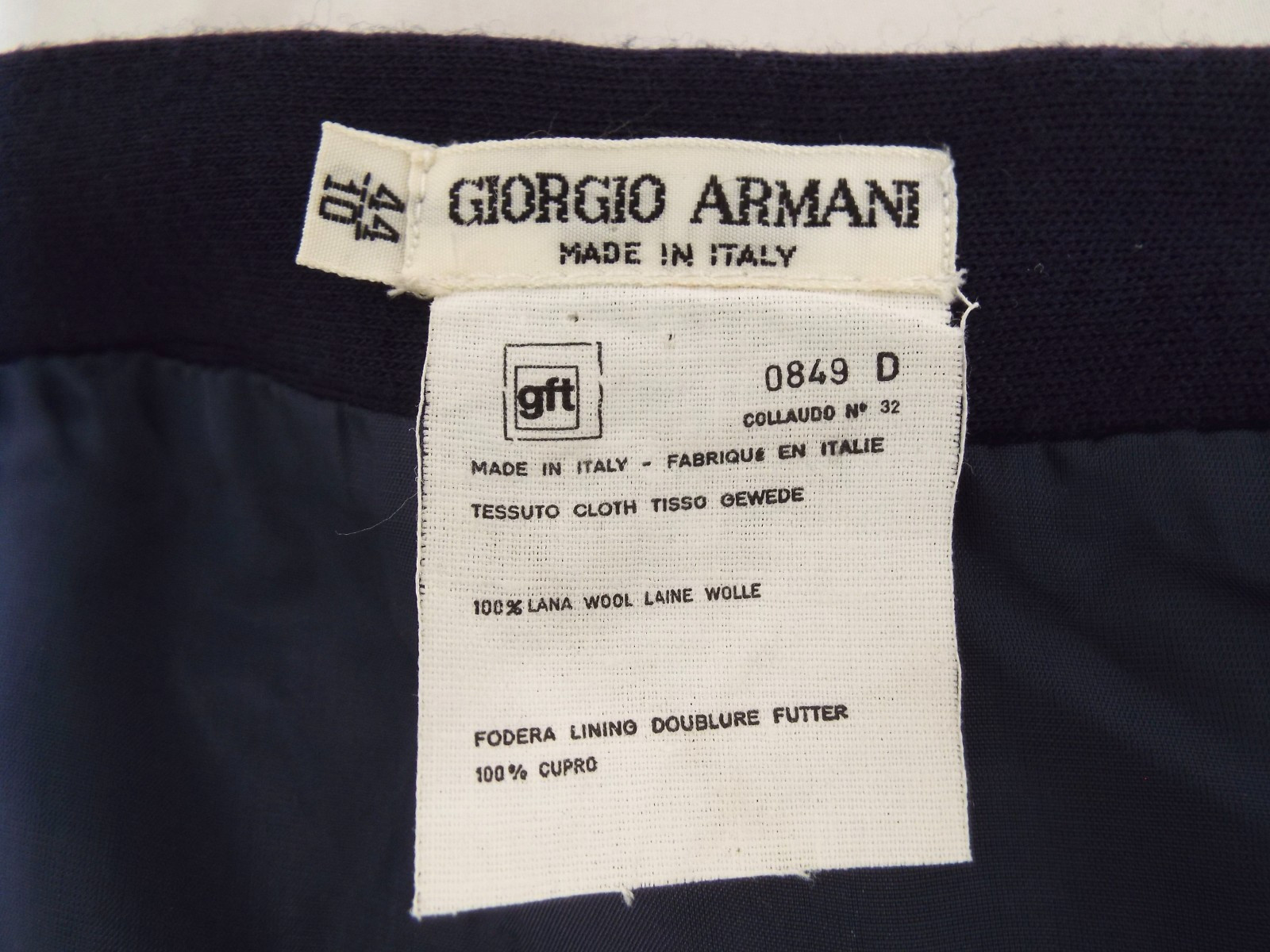 Vintage Giorgio Armani Navy Blue Wool Skirt Suit Double Breasted Blazer 44 Italy