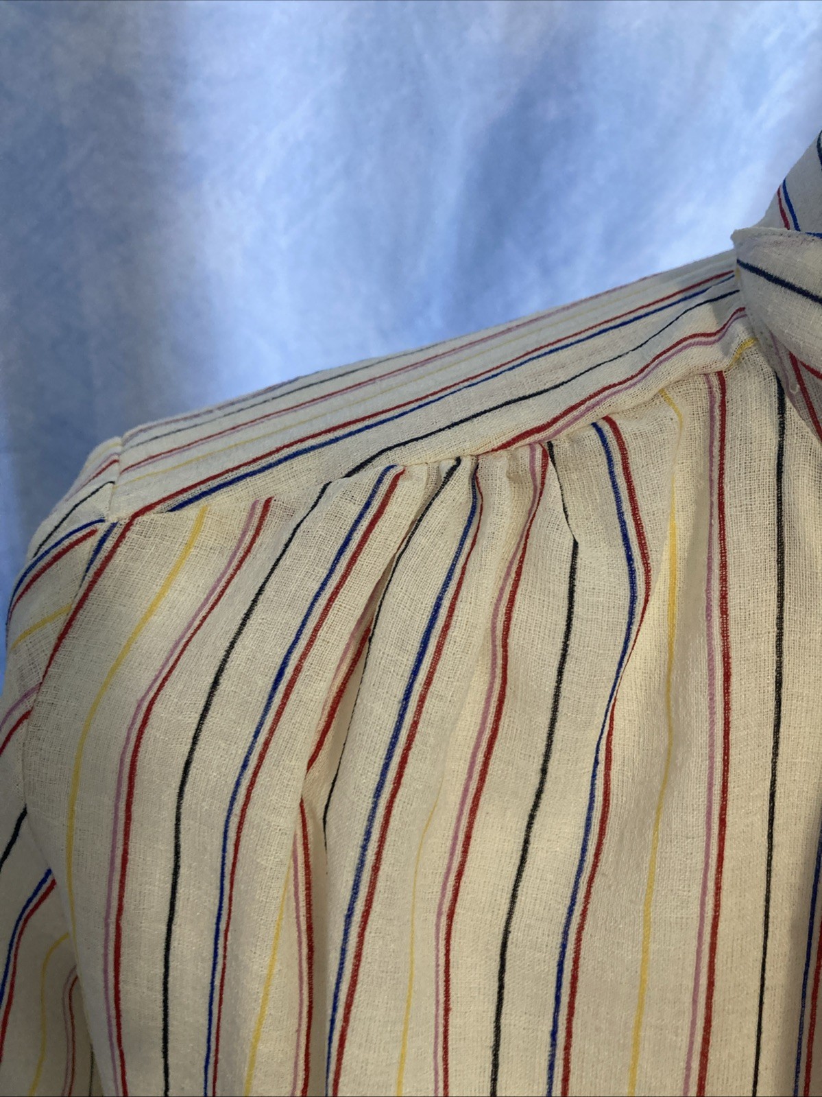 Vtg 70s SHAPELY Striped Blouse Sheer Dagger Collar Secretary Mod Disco Top Sz 12