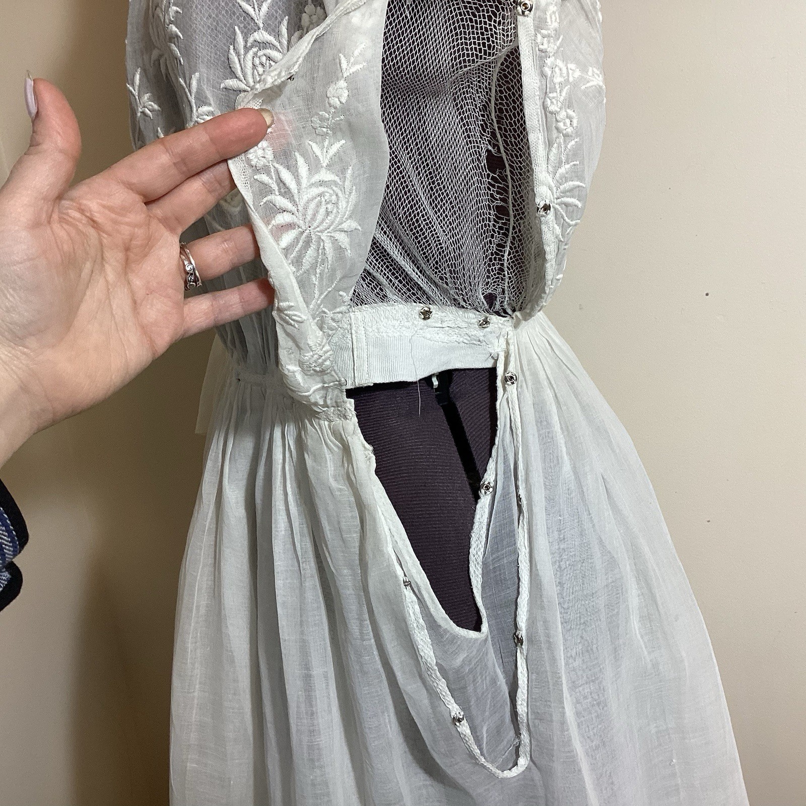 Edwardian 1910s Cotton Gauze Tea Gown Tiered Summer Dress Embroidery Mesh Ruffle