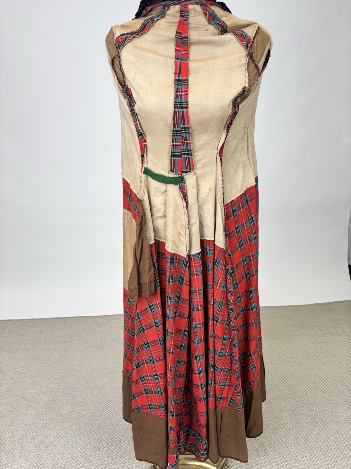 Antique Victorian Walking Coat Plaid Red Green Black Yellow Burnout Velvet AS IS