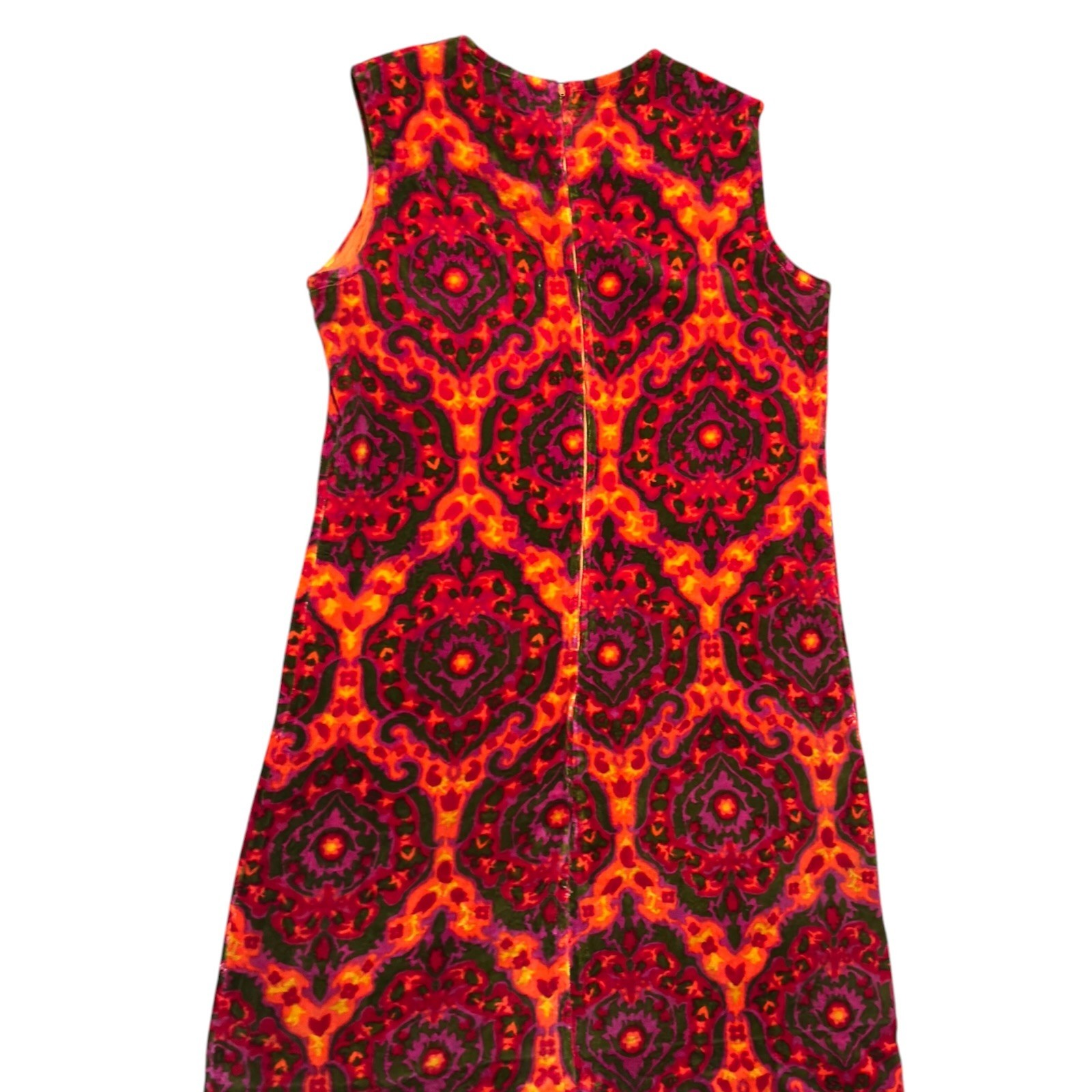Vintage 60s Psychedelic MOD Sleeveless Dress Velour Zip Up Back Tapestry XL 14