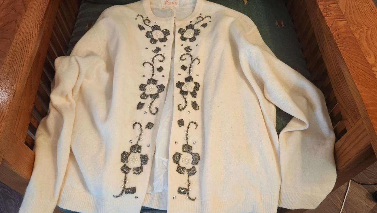 Vintage 1950&rsquo;s-1960&rsquo;s Monrose Beaded Cardigan Sweater Ivory Wool/Angora/Nylon