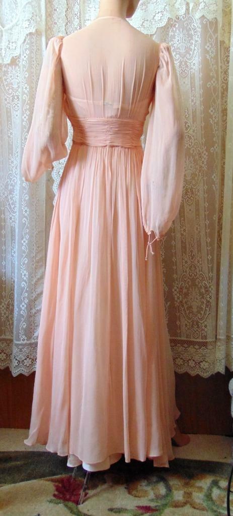 1940s ORIGINAL DESIGN PINK CHIFFON LONG DRESS PUFF BALLOON SLEEVES 24 W