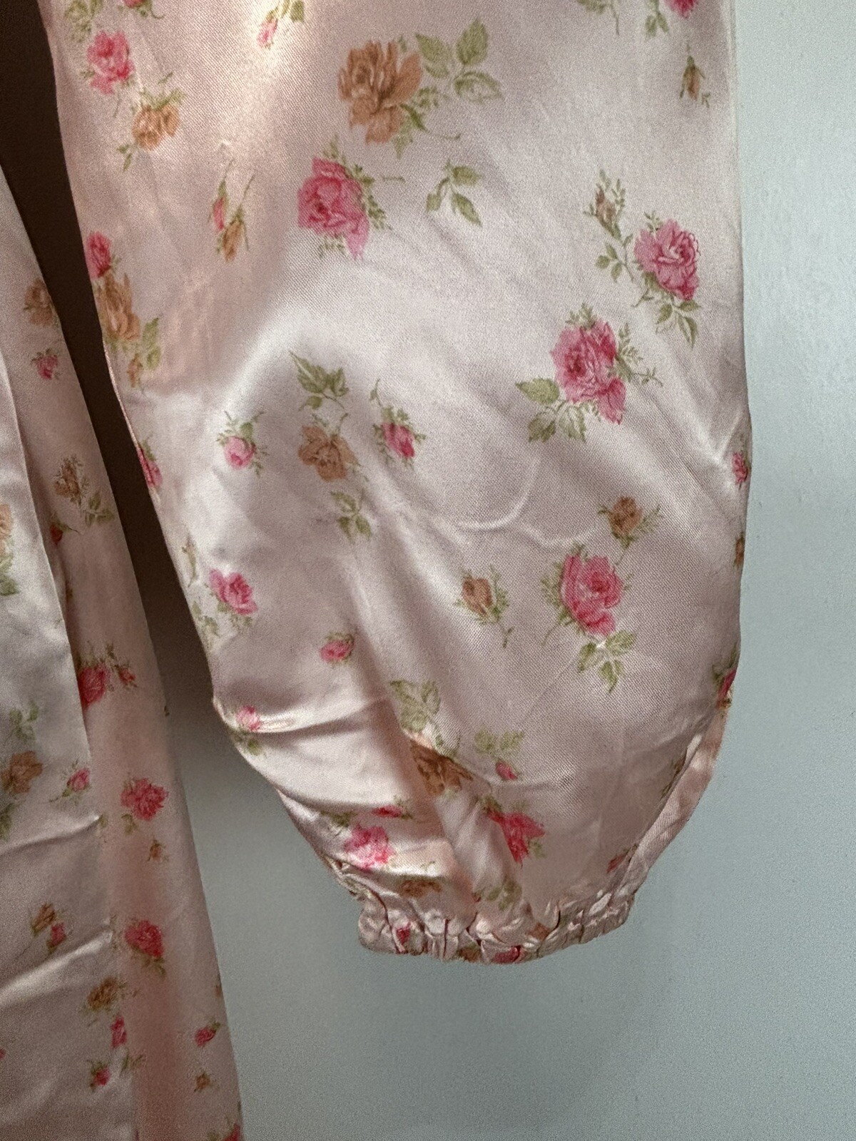 Vtg Handmade Satin Floral Gown Dress Pink Tie Back Cottage Core Prairie Long 70s