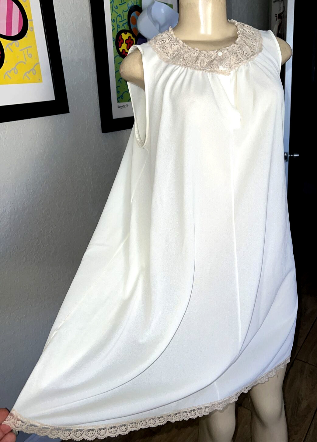 Vintage Frilly Swing Flair Lingerie Lace Trim Baby Doll Nightgown y0