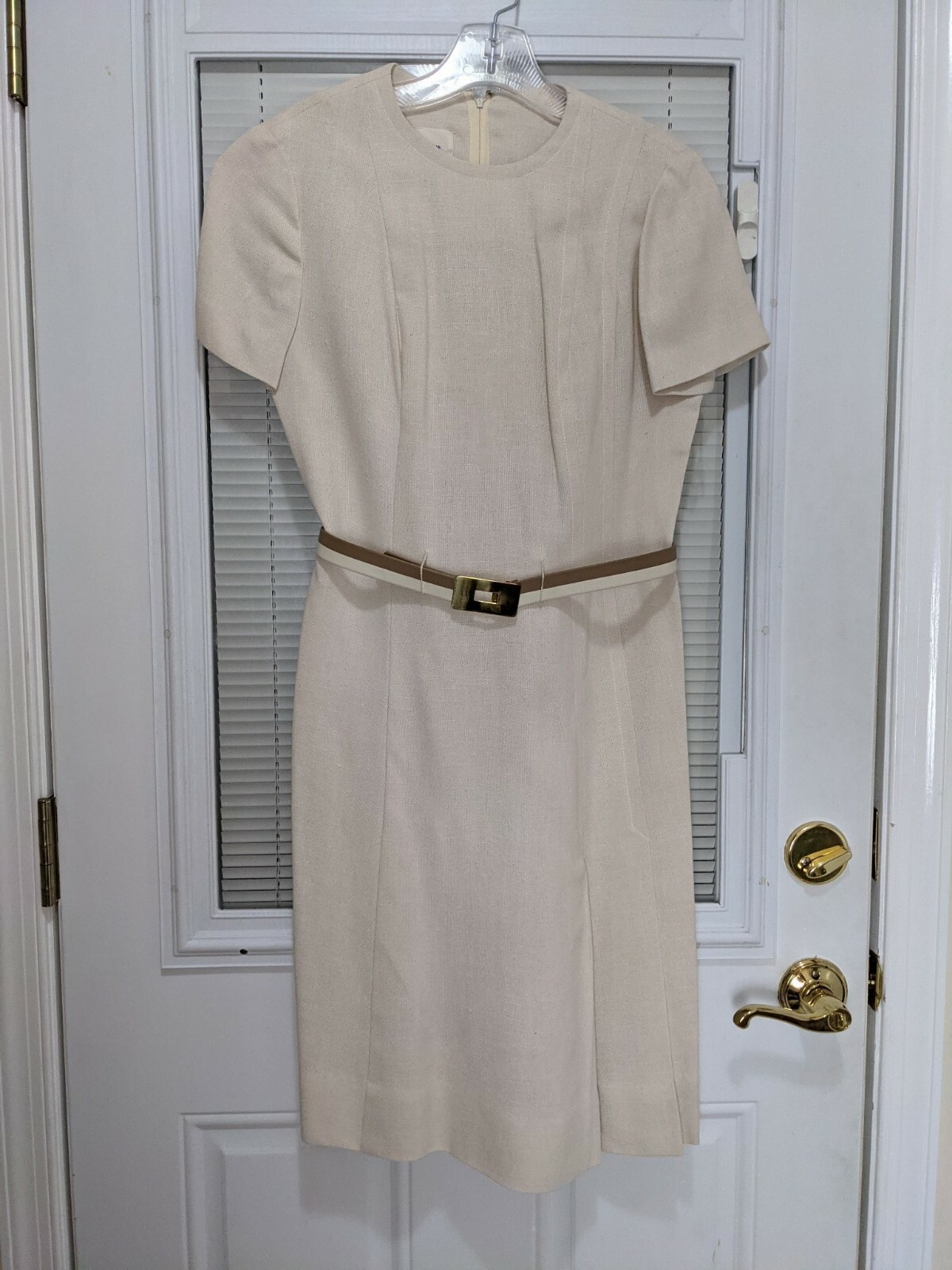 Vintage L&rsquo; Aiglon Bone Colored Linen Dress with Original Belt Sz 10/Modern Sz 4