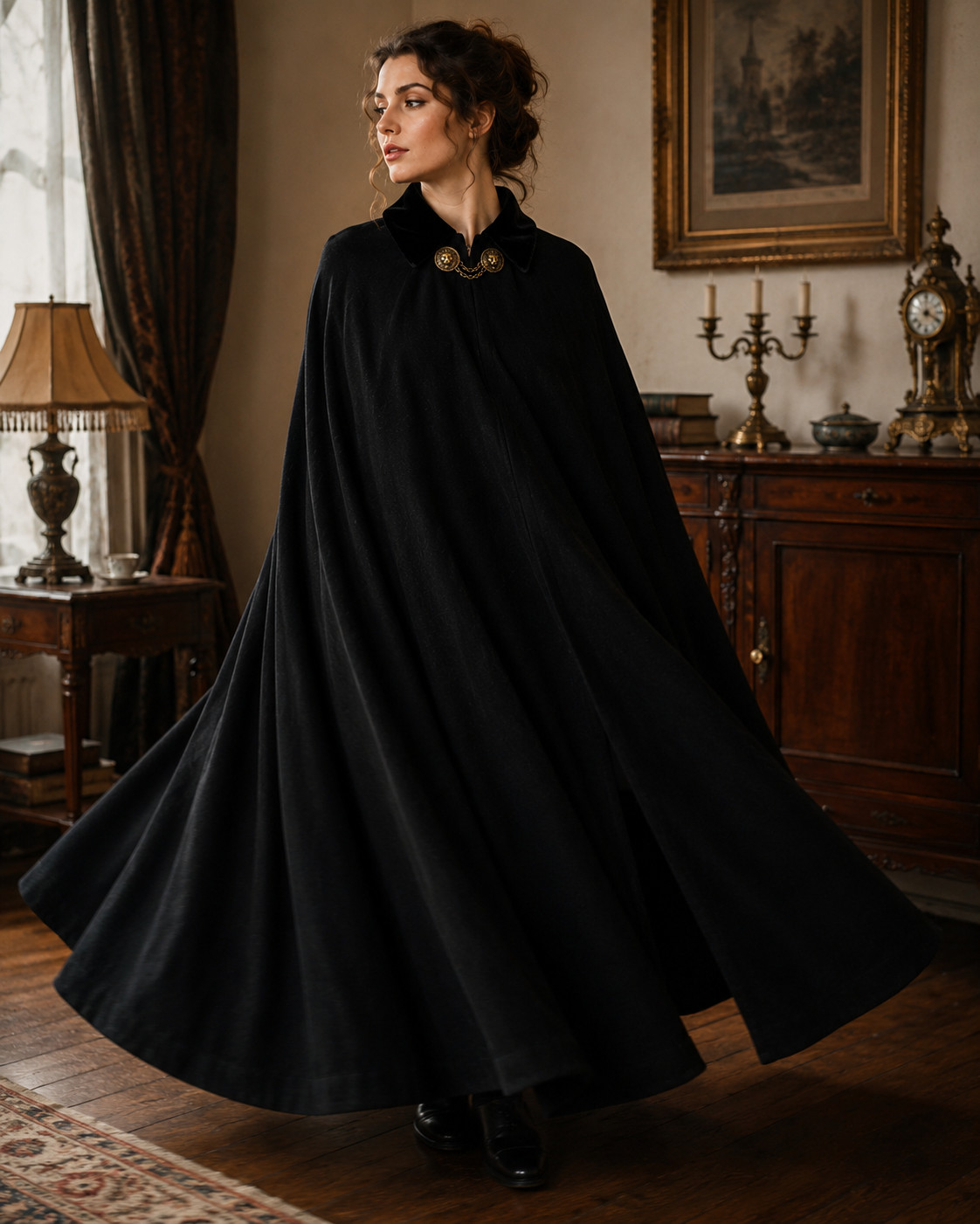 Antique Edwardian Black Wool Cape Cloak 48&Prime; L Velvet Collar Lions Head Clasps
