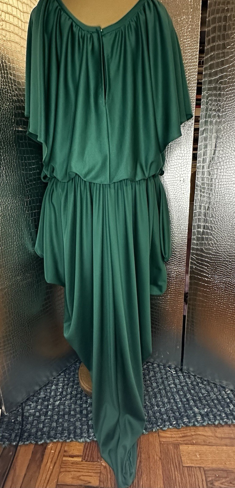Vintage Green 80s Dress Handkerchief Hem Flutter Sleeves Scoop Neck Size Med-Lg
