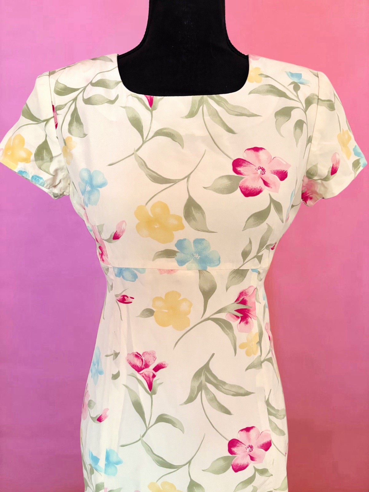 Vintage 80s 90s Patrick Petite 100% Silk Butter Yellow Pink Floral Maxi Dress 6P
