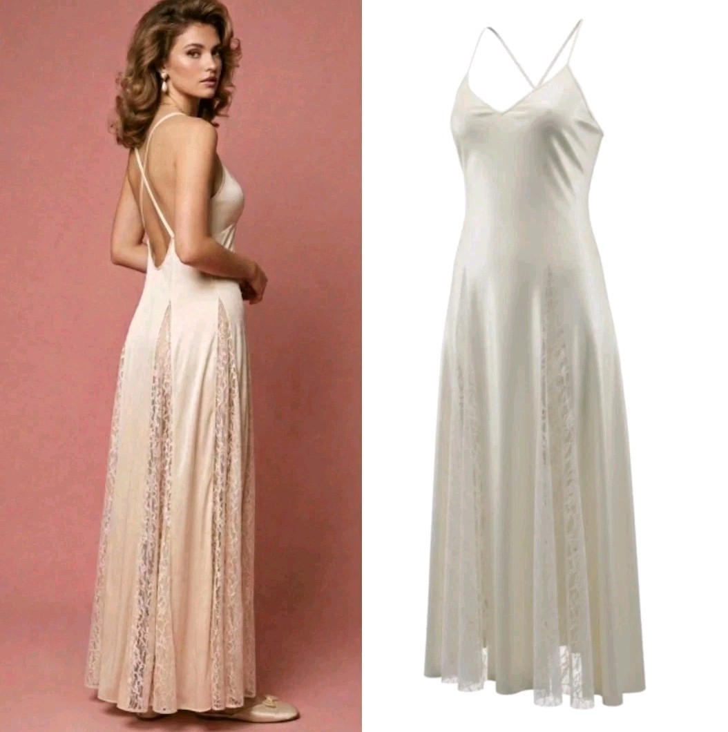 Vtg 80&rsquo;s Petra Fashions Long Ivory 100% Nylon Slip Nightgown Maxi Dress! L USA