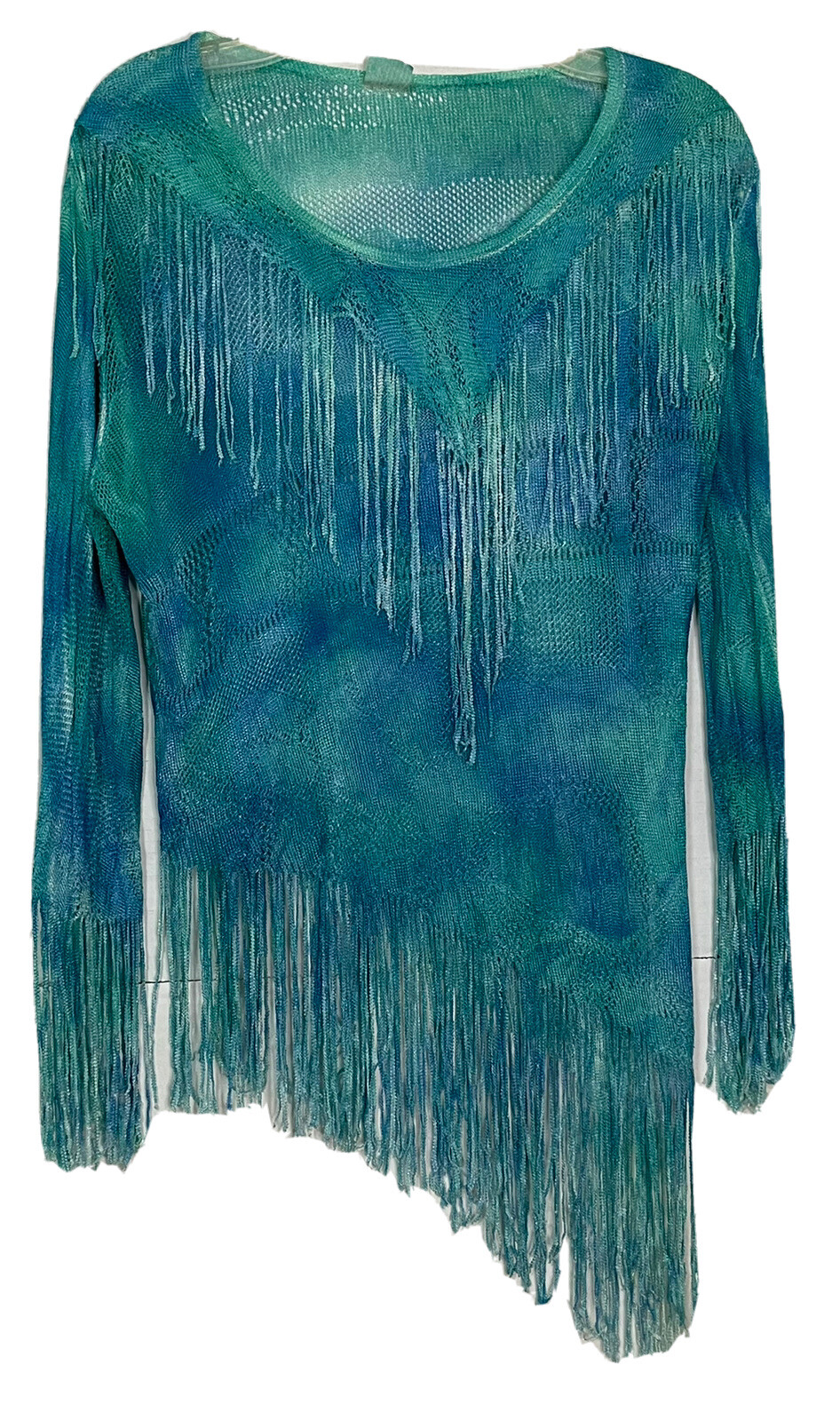 Vtg 70s Top Crochet Knit Fringe Boho Top Sz 11 Aqua Ombre Tye Dye Hippie Mermaid