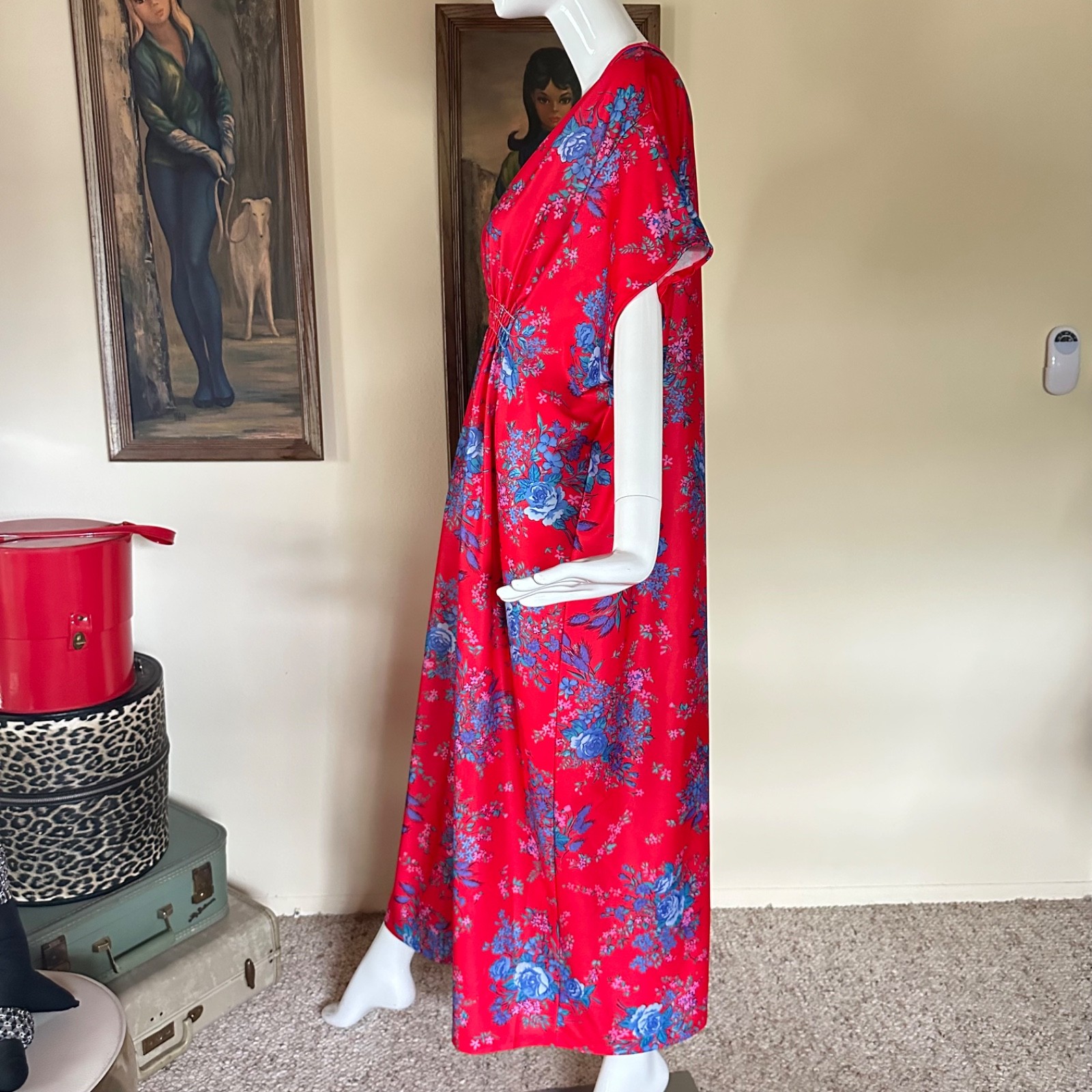 Vintage 1970s Mrs Roper Caftan Goddess Dress Red & Blue Hawaiian Floral M/L