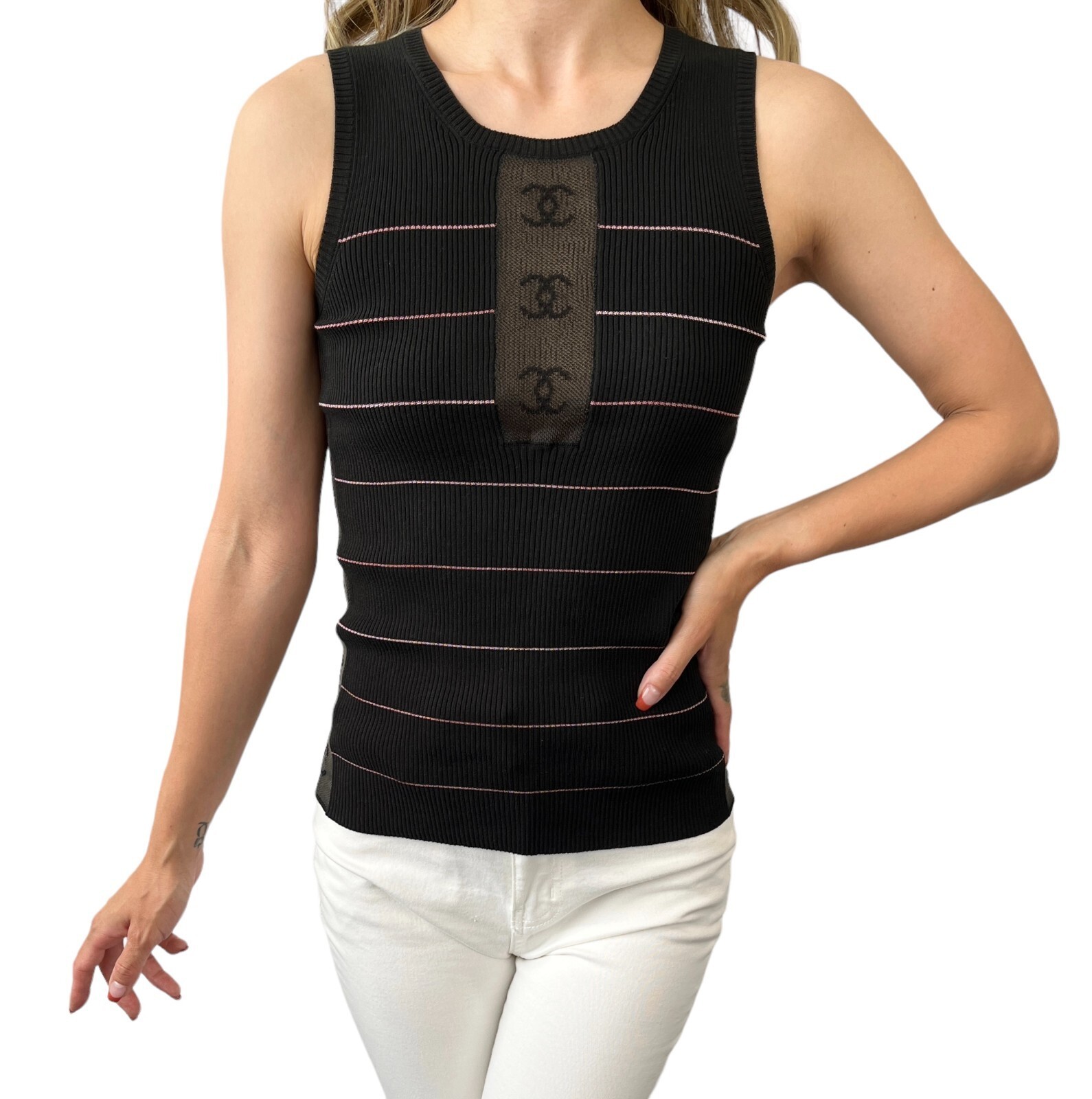 CHANEL Vintage 04P CC Logo Mesh See-through Ribbed Tank Top #38 Black 104014