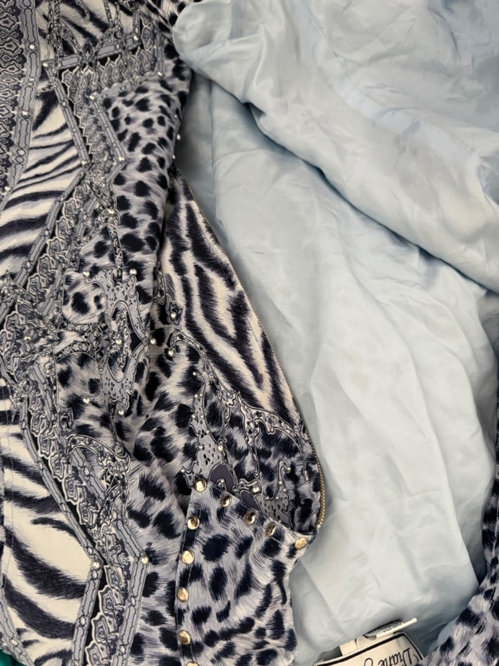 80s Vintage 100% Silk Bomber Jacket Snow Leopard Zebra Animal Print STUDDED Sz L