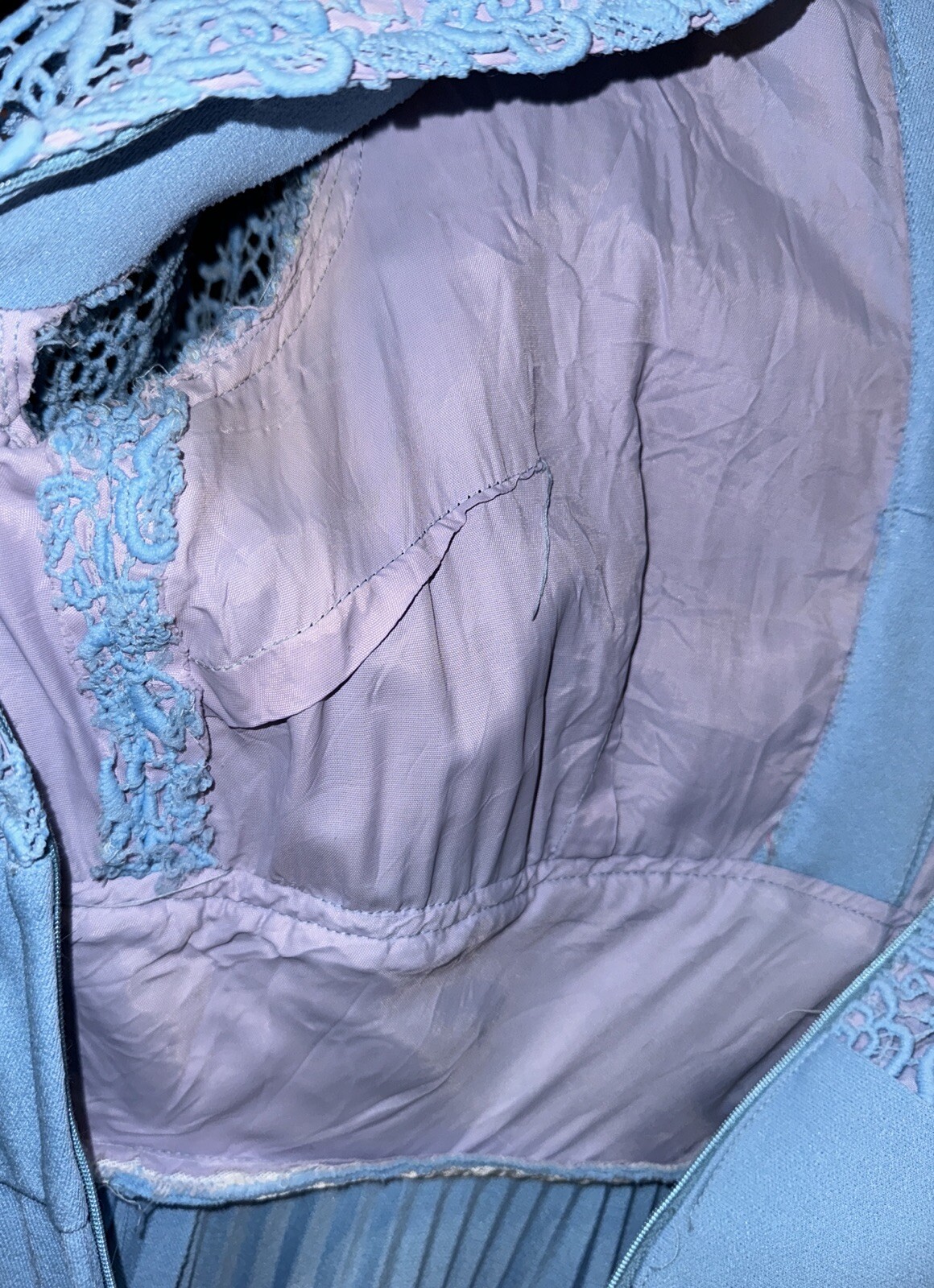 Small 1960 Long Party Dress, Needlework Lace, Blue Lined, Pleated Skirt, USA