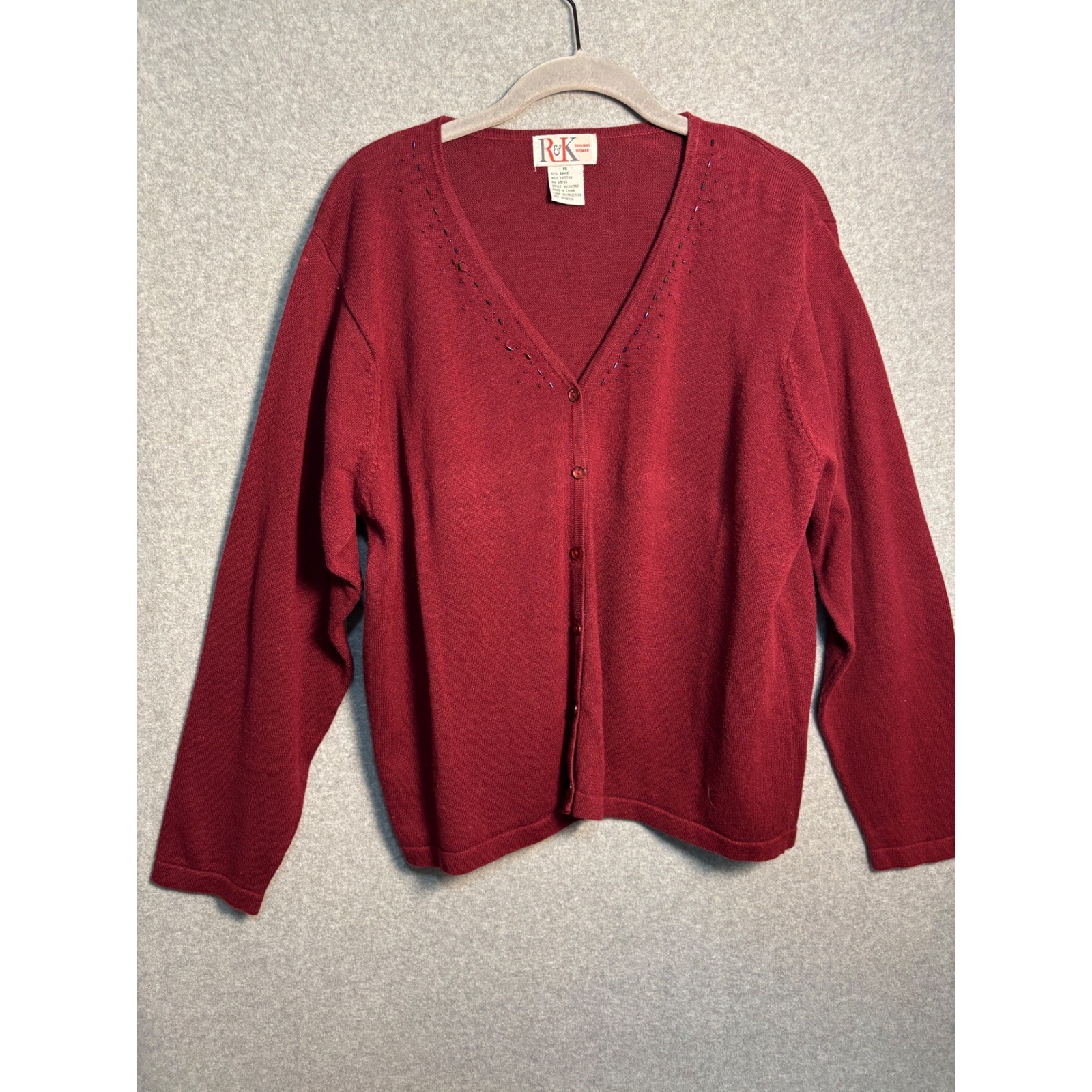 Vintage R&K Ramie Cotton Cardigan Red Beaded V Neck Sweater Plus Size 18