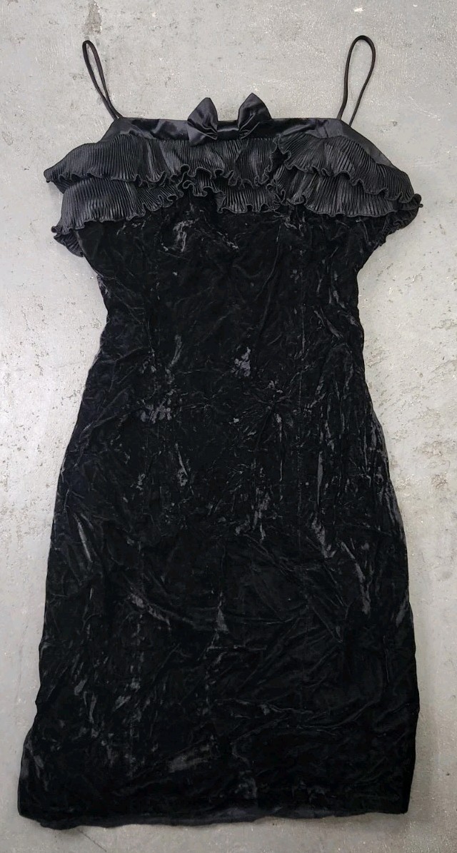 Vintage Gunne Sax By Jessica McClintock Dress Black Spaghetti Straps Bow A*