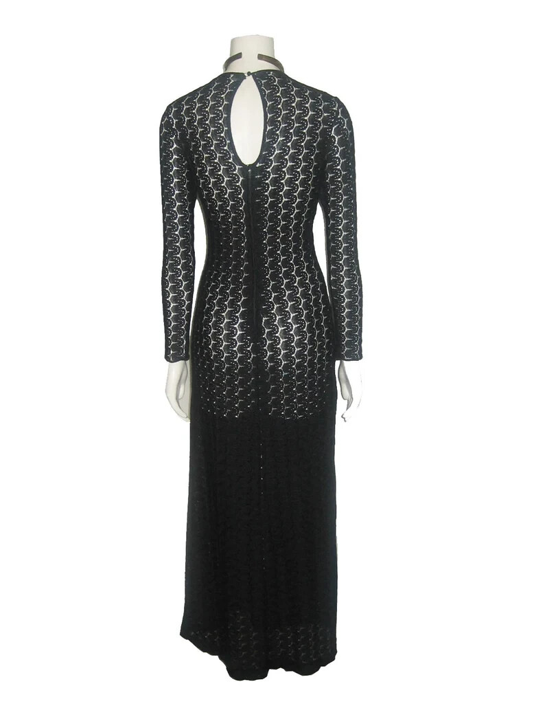 Vintage Black Open Crochet Stretch Knit Lace Sheer Long Fitted Bodycon Dress