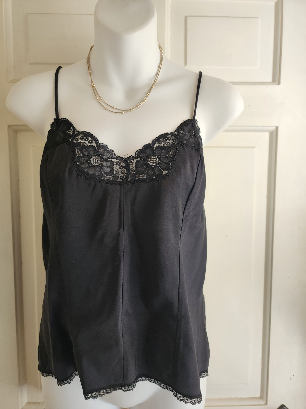 Lady Lynne Vintage 50s/60s Womens Sz L Black Lace Camisole Cami Satin