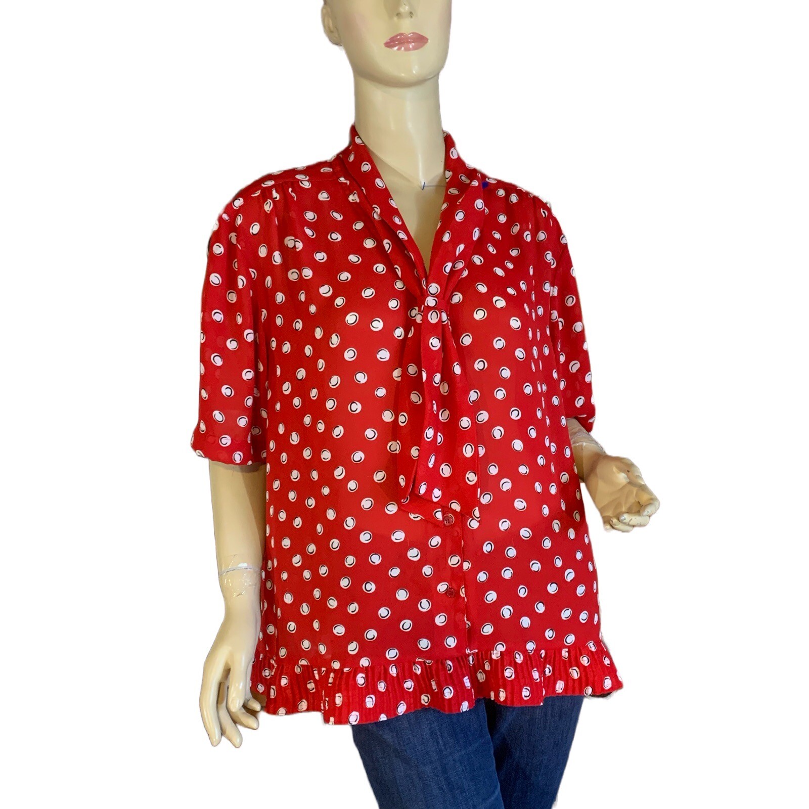 VINTAGE CIRCA 1980&rsquo;S ALFRED DUNNER RED & WHITE DOT PATTERN BLOUSE SZ 18