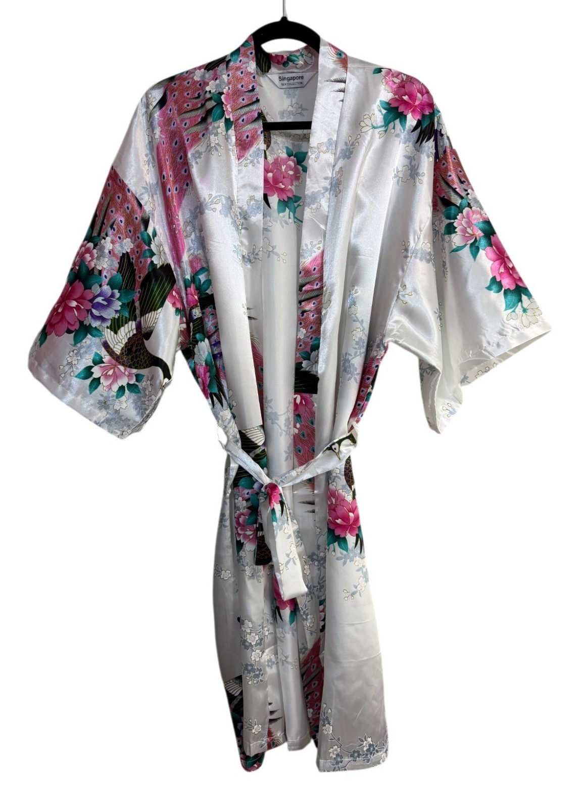 SINGAPORE Silk Vintage Japanese Style Kimono Robe Peacock Floral Belted One Size