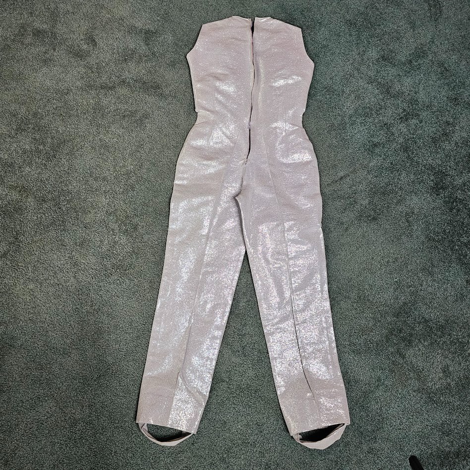 Vtg 50s Space Age Pin-Up Atomic Bombshell Metallic Silver Jumpsuit Catsuit XXS