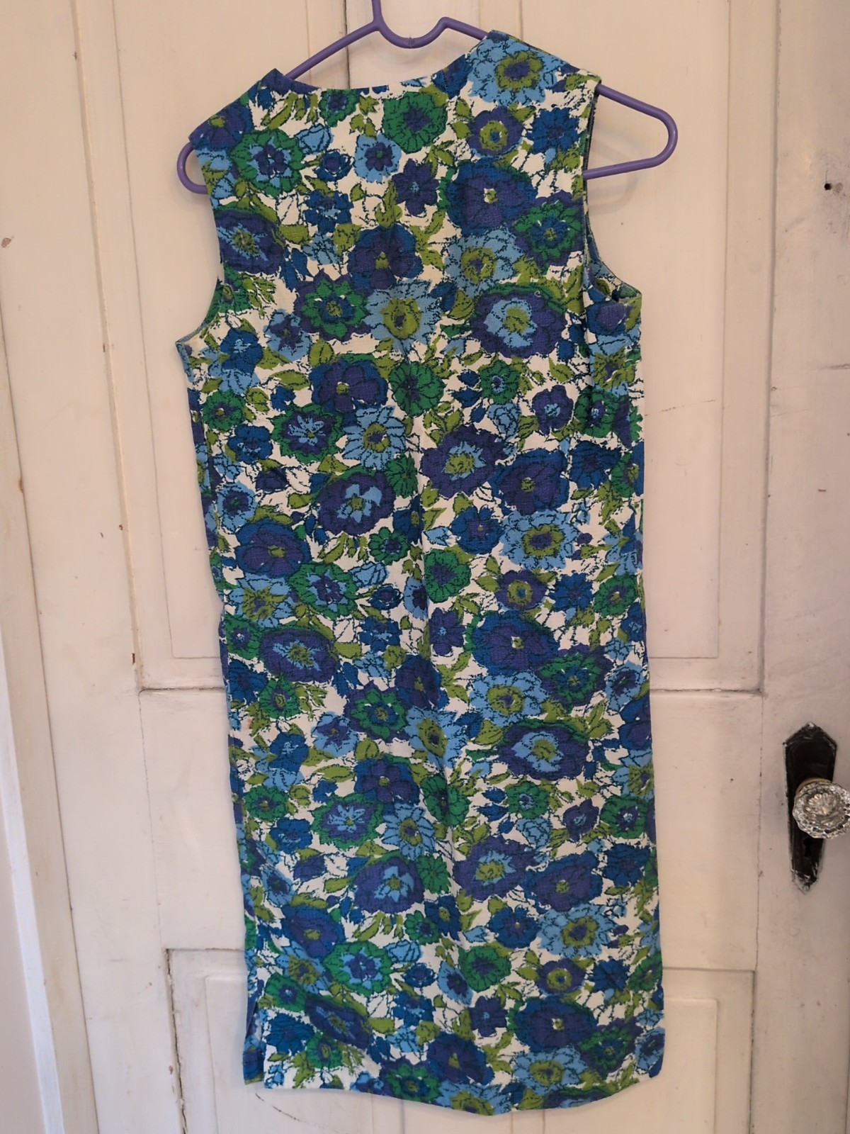 Vintage Handmade Blue Green Floral Shift Dress With V Neck, Small