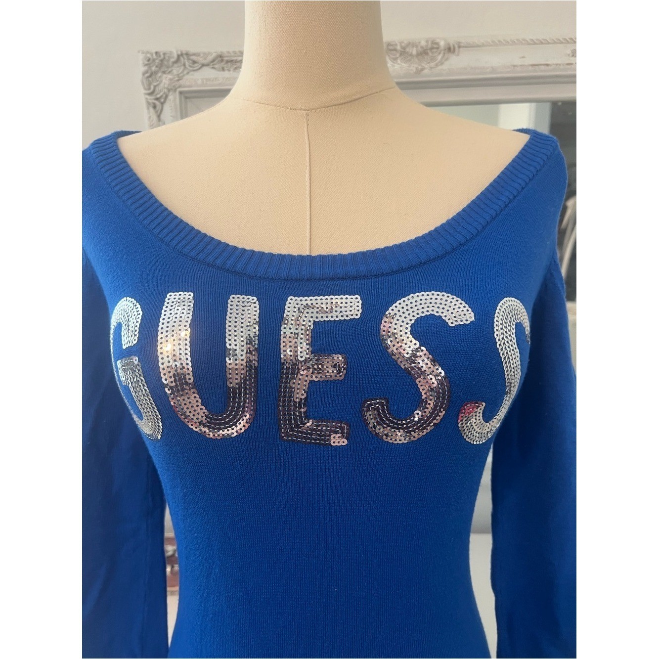 vintage guess blue sequin logo fitted long sleeve sweater