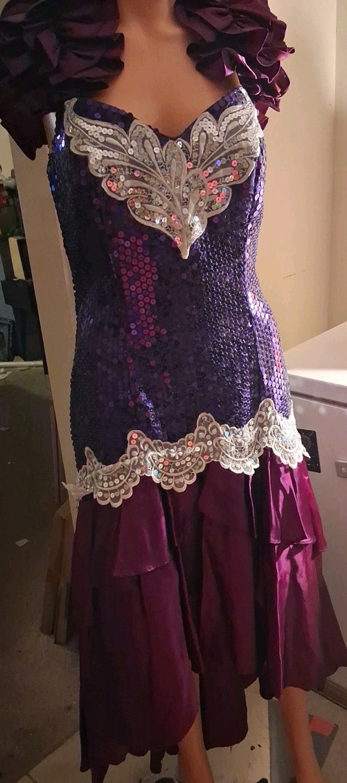 1980s Purple Sequin Ruffle High-Low Hem Party Salsa Dress Flirtations By Angelo