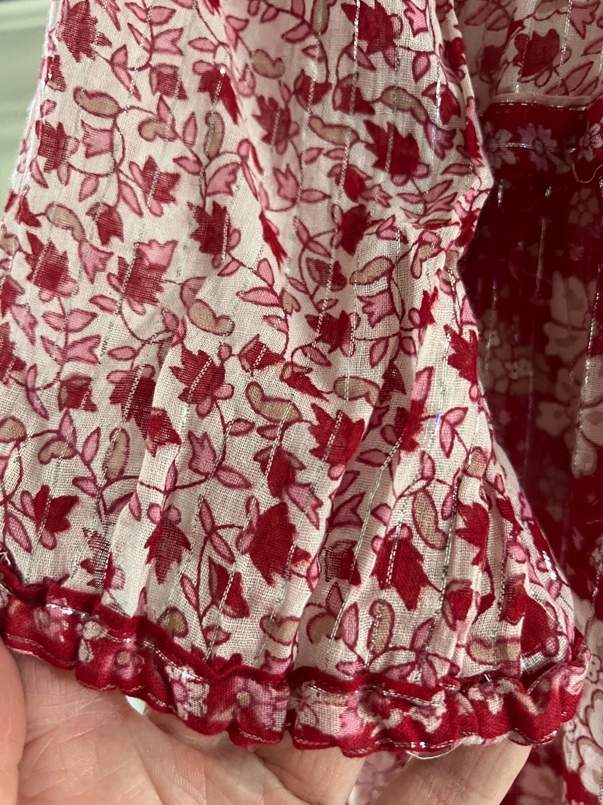 Vintage OH CALCUTTA India Cotton Gauze Hippie Dress Sz M~Red w Silver Thread