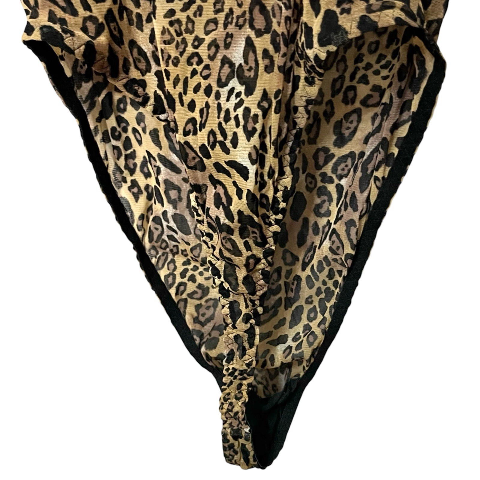 90s VTG Cacique Mesh Leopard Teddy Lingerie 18/20 Sheer Wireless Bow Thong Back