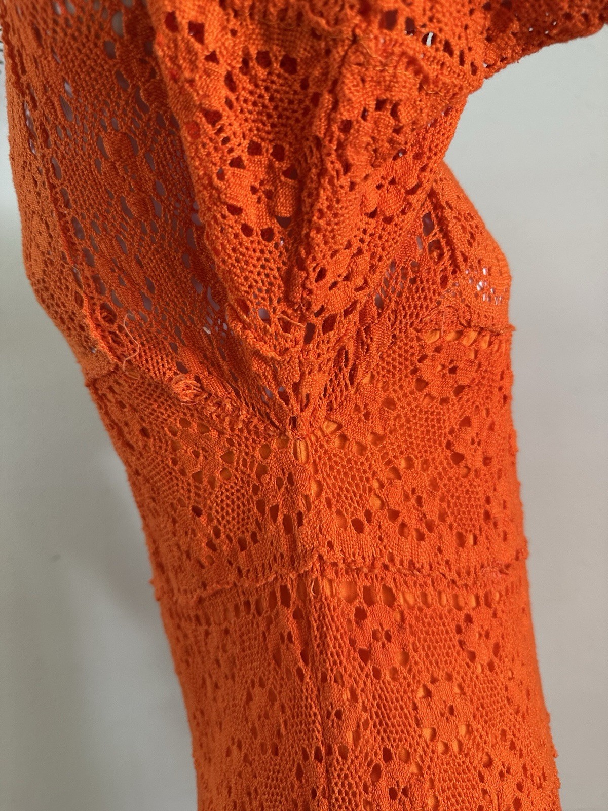 1970s Mexican Crochet Lace Maxi Dress Orange Cotton Boho Huipil XS S Vintage