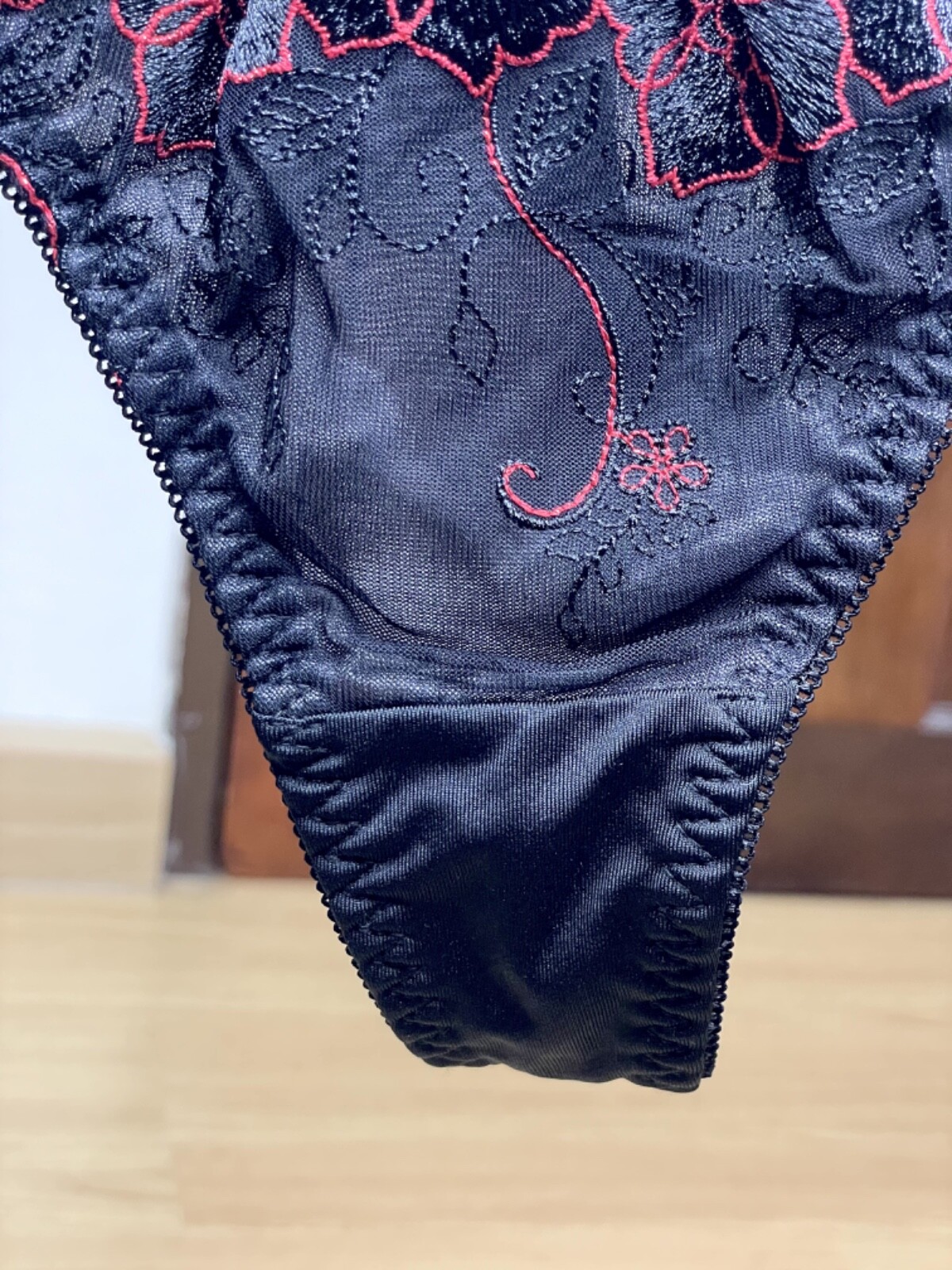 Vtg Deep Black Polyester Spandex String Panty Sz.5~6 Sheer Floral Lace Briefs