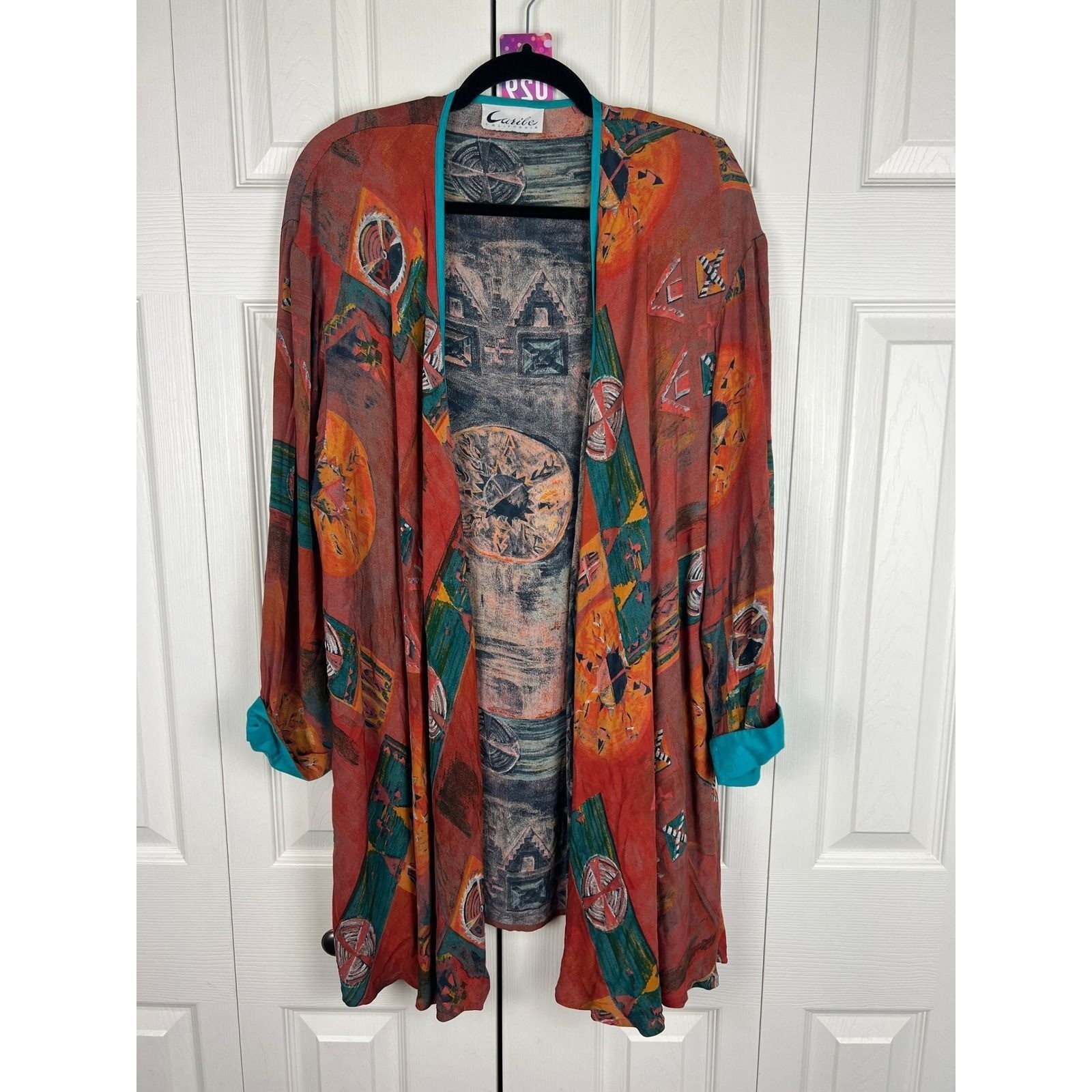 90s Abstract Rayon Duster Cardigan Boho Artsy Open Front Topper L XL Lagenlook