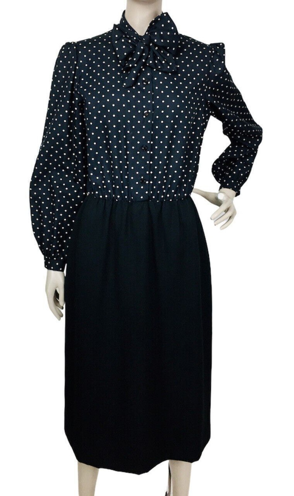 Vintage 70s David Warren Polka-Dot Balloon Puff Sleeve Midi Secretary Dress