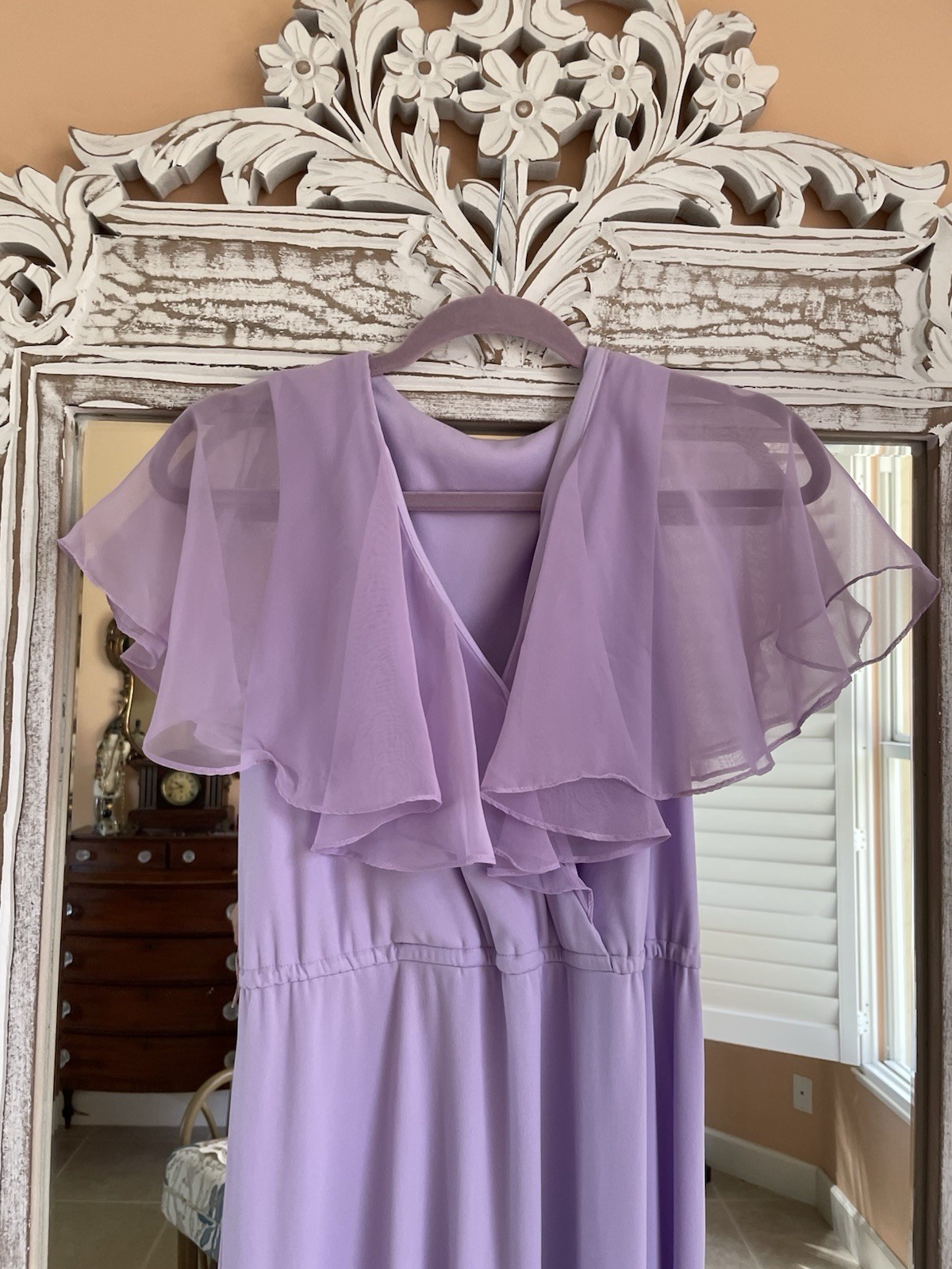 Vintage 70s Sheer Poly Lavender Sleeveless Flutter Cape Maxi Dress S/M