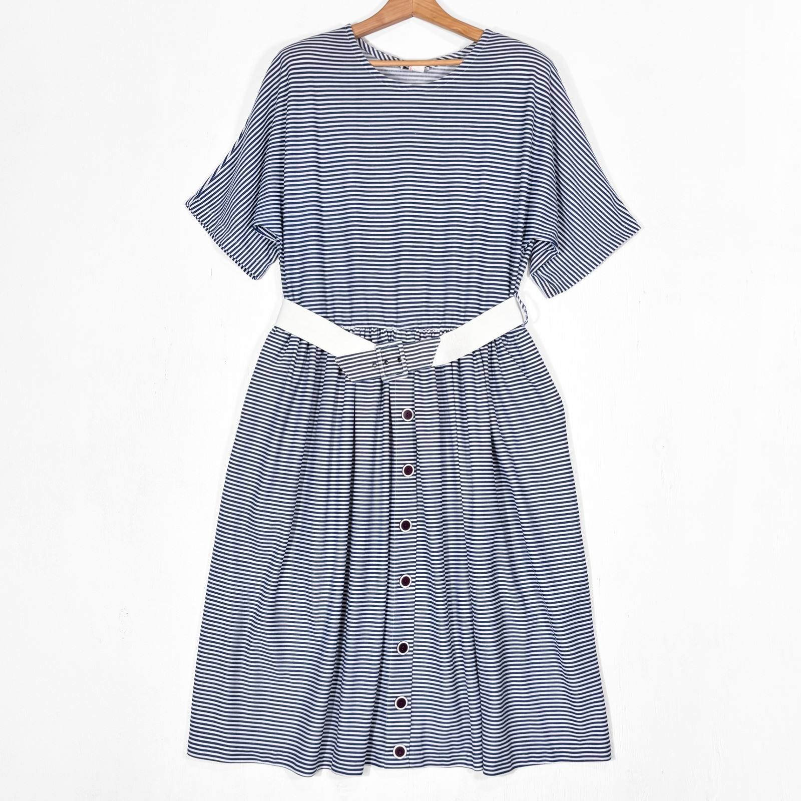 VTG 80s Leni Navy White Striped Belted Midi Dress Plus Size 18W Nautical USA