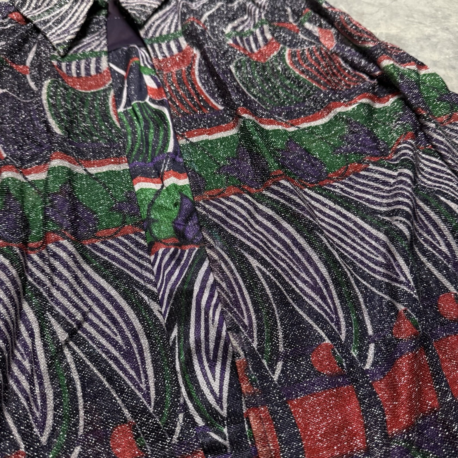 Huey Waltzer For Mannequin NWT VTG 70s Open Blouse Shirt Metallic Print Op Art L