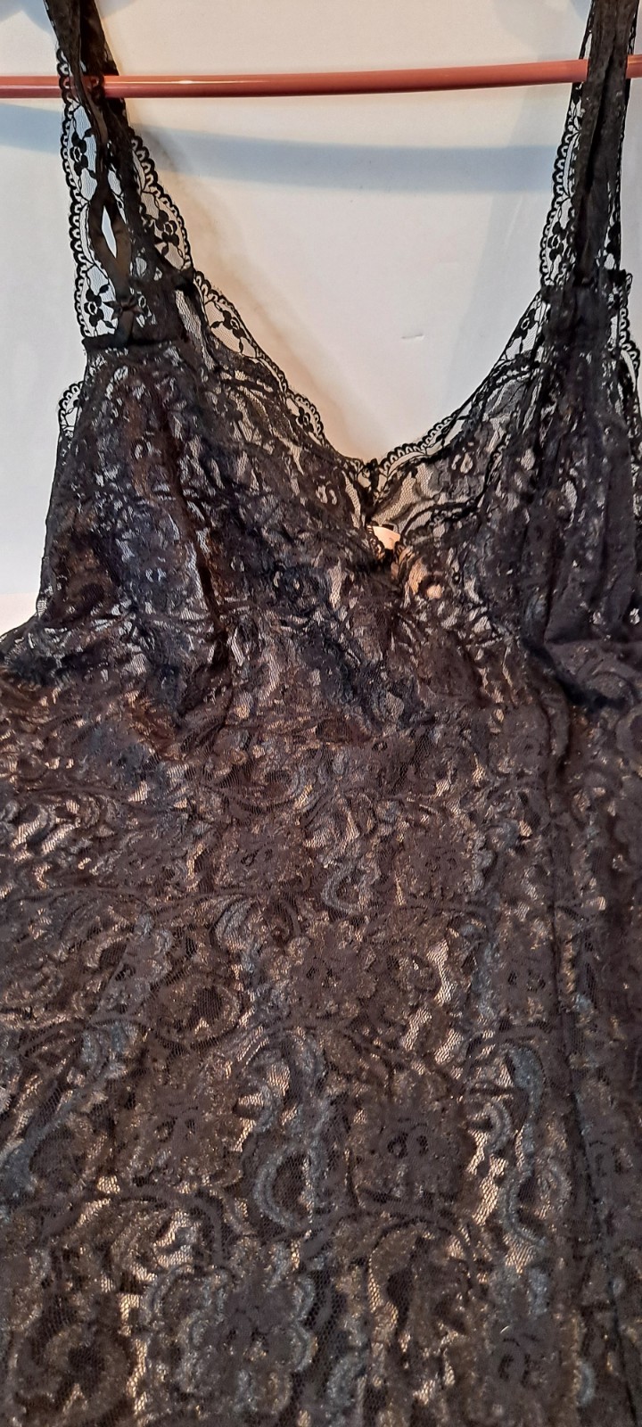 Vtg Y2K Whimsy Goth Romantic Sexy Blk Lacey Midi Enchanted Nylon Dress Nightie