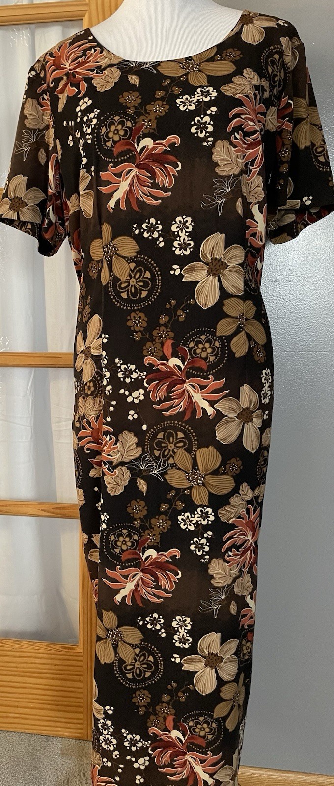 Vintage 80’s Floral Midi Dress 2XL Red Beige Short Sleeve USA Made Boho Cottage