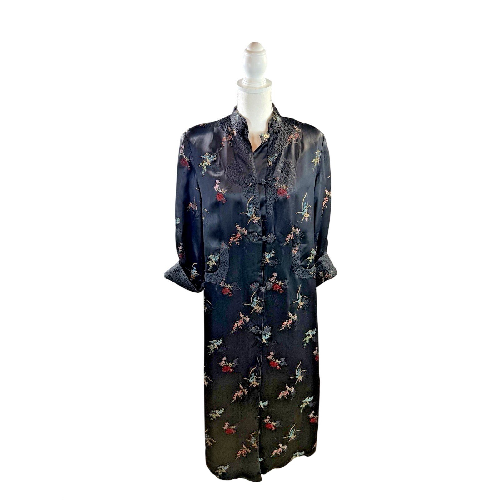 Vintage Asian Black Satin Embroidered Robe Size 8/10