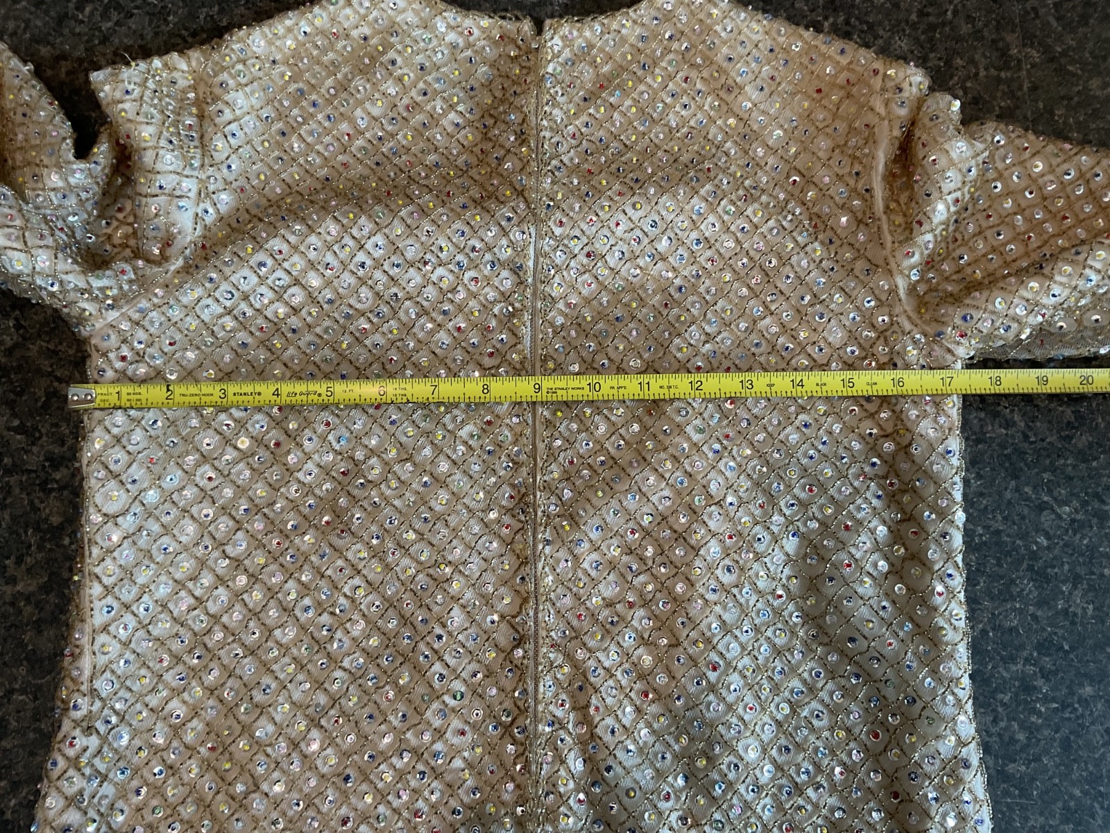 Vintage 1960s Hand Beaded Sequin Womens Top Blouse S Gold 3/4 Sleeve Mod